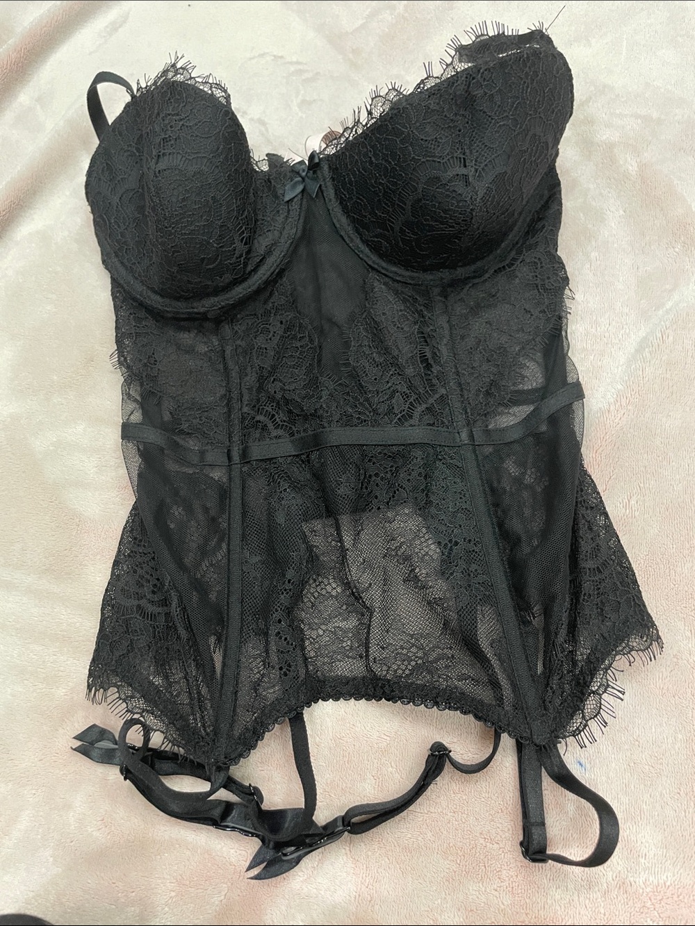 Victoria's Secret Black Lace Longline Bustier with Garters 34C
